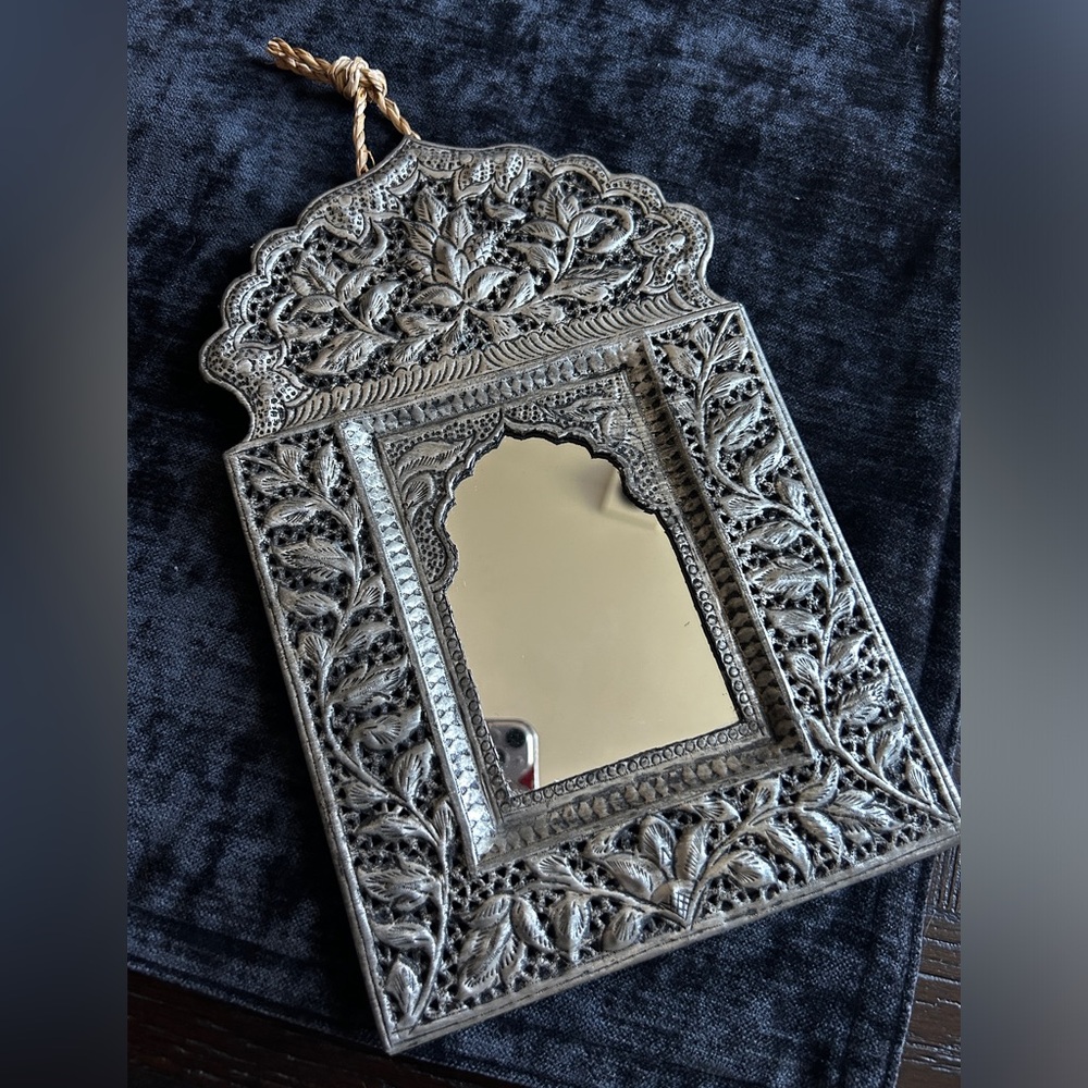 Vintage Bohemian Style Indian Hammered Metal Mirror